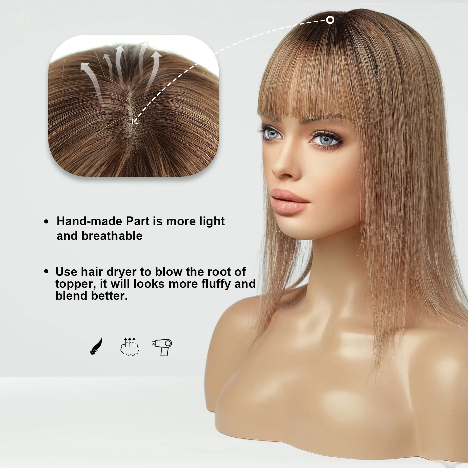 100% Remy Human Hair Toppers Hair Pieces For Women Light Brown Women Topper with Bang Silk Base Clip In Topper For Thinning Hair