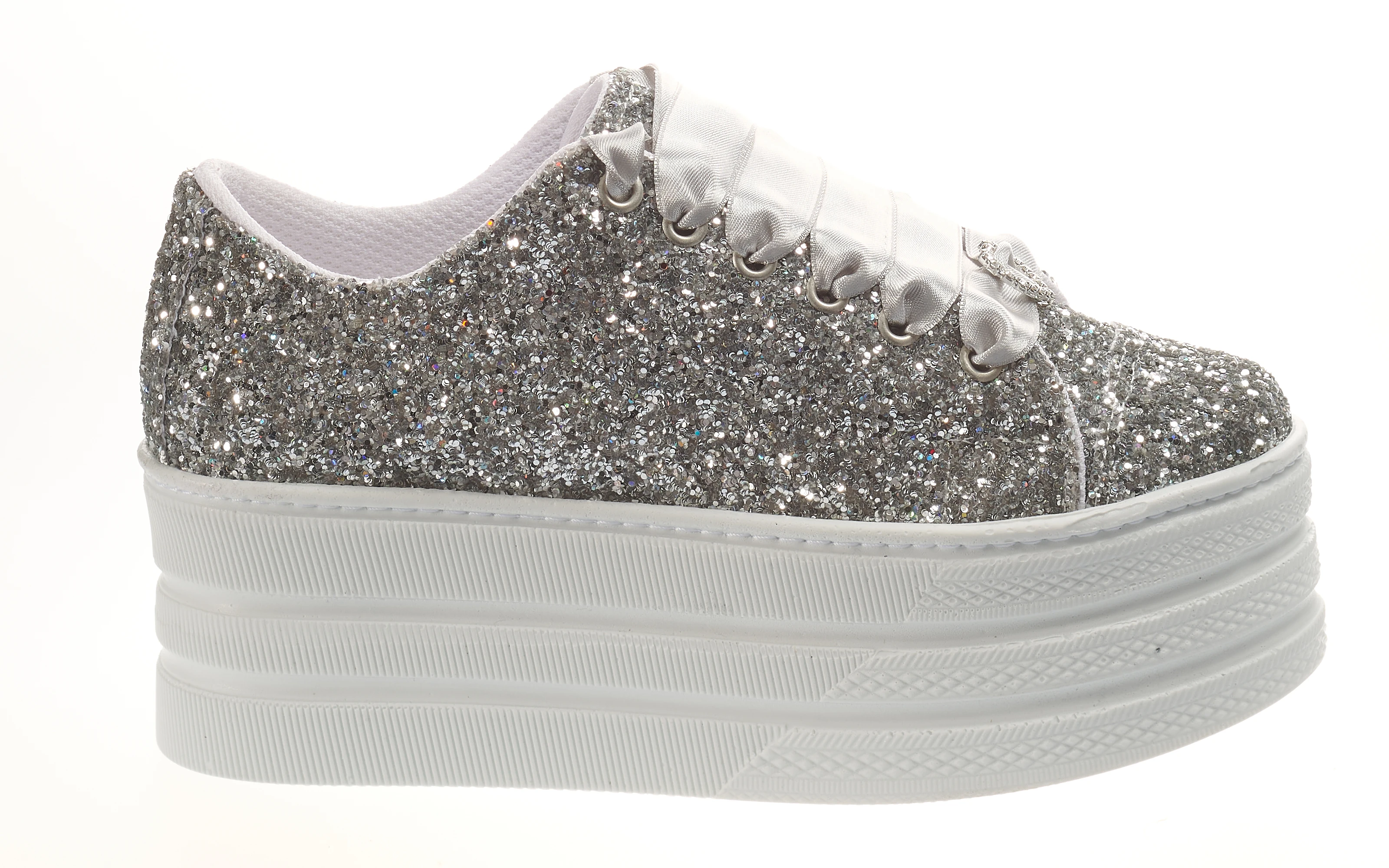 Stylish Silver Glitter Platform Bridal Sneakers - 7cm Flat Sole, Lightweight Comfort for Wedding and Daily Wea Silver Platform