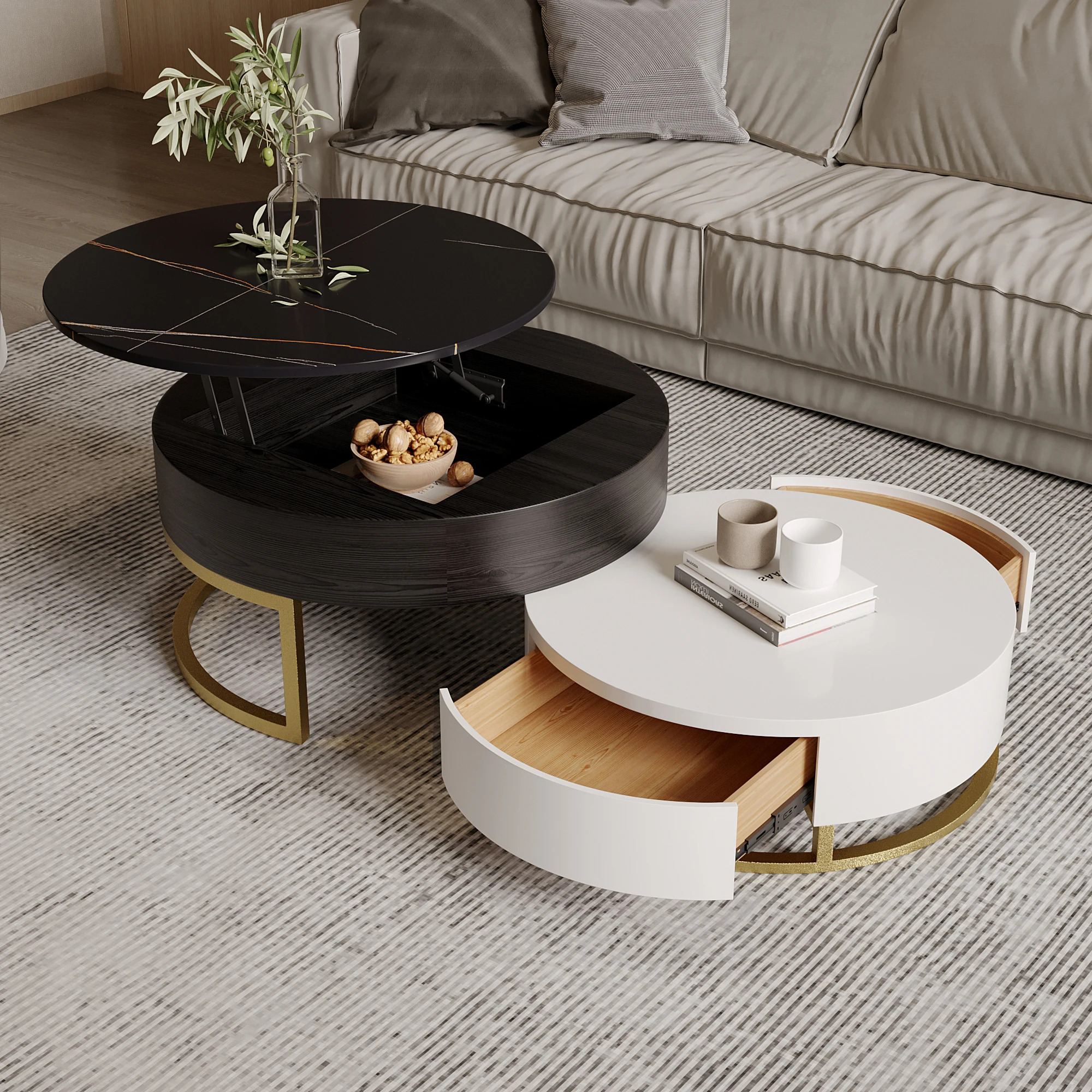 Modern Lift Top Nesting Coffee Table Set Black/White Sintered Stone Round Tabletop with Storage and 2 Drawers for Living Room