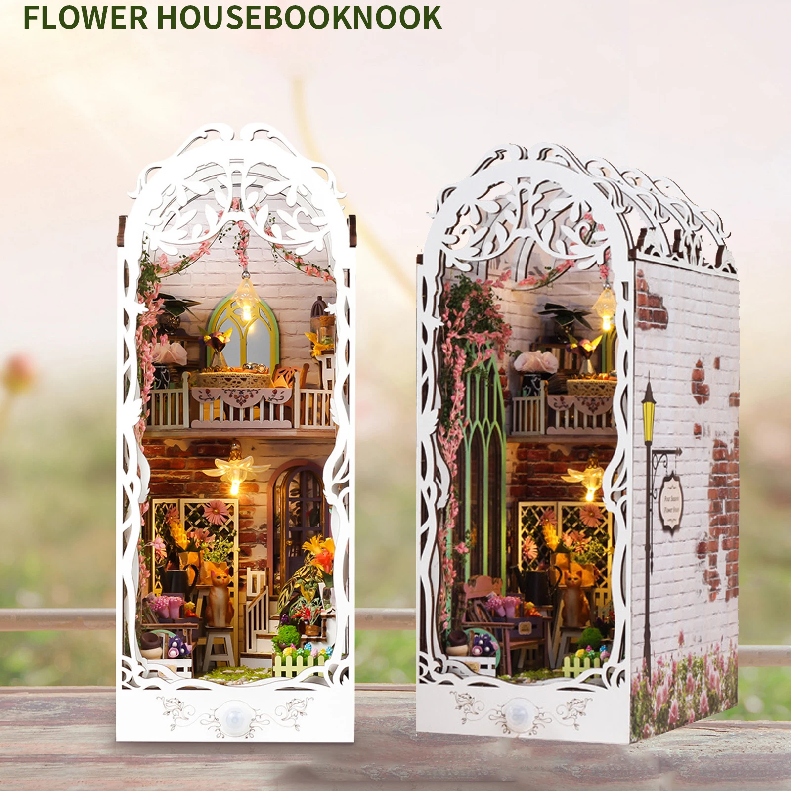 DIY Book Nook Miniature Dollhouse Kit with Light Skeletonized Wooden Bookshelf Insert Retro Booknook Decor for kicks Flower Hous