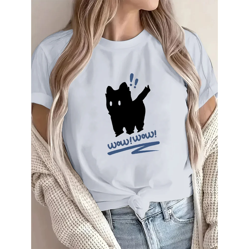 

Wow Wow Fun Black Cat Graphics Tees Летняя футболка для женщин с коротким рукавом Harajuku Tee Y2K Свободные топы большого размера Повседневная одежда