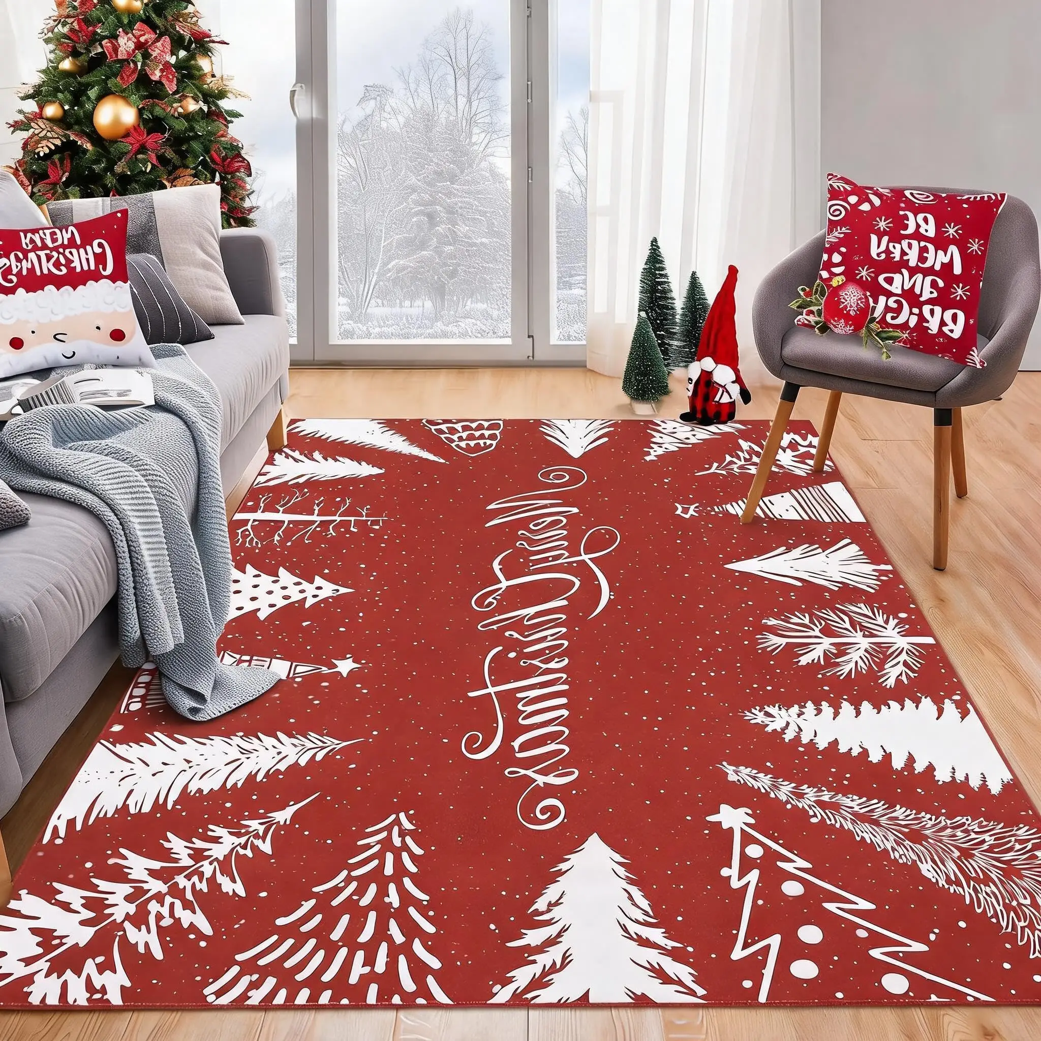 Tapis de Noël GarveeLife, à poils courts, lavable et antidérapant – Profil bas, bords renforcés, motif arbre et flocon de neige – pour couloir/cuisine/salon – 60x180 cm, ton rouge, Allemagne