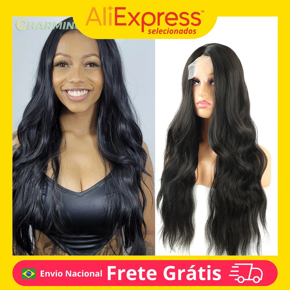 Peruca Cabelo Wig Lace Ondulada Preto Natural Fibra Orgânica Premium Cacheado Long Fácil Uso Diário Identica ao Humano 70cm 270g