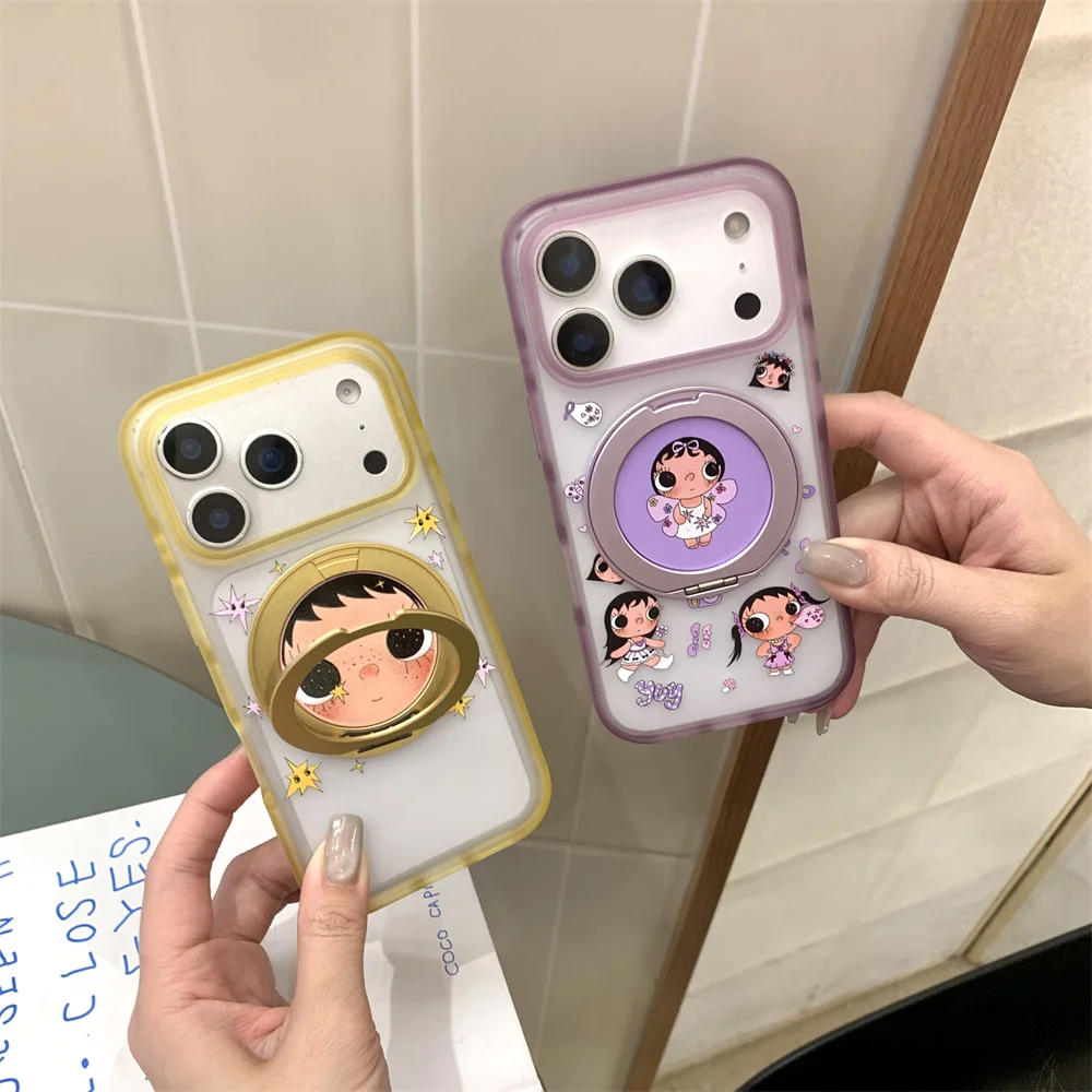

New 2026 Cartoon Girl Kawaii Phone Case For iPhone 15 Pro 17 16 Max 17 Pro Max Cover with 360° Stand Magnetic Shockproof Funda