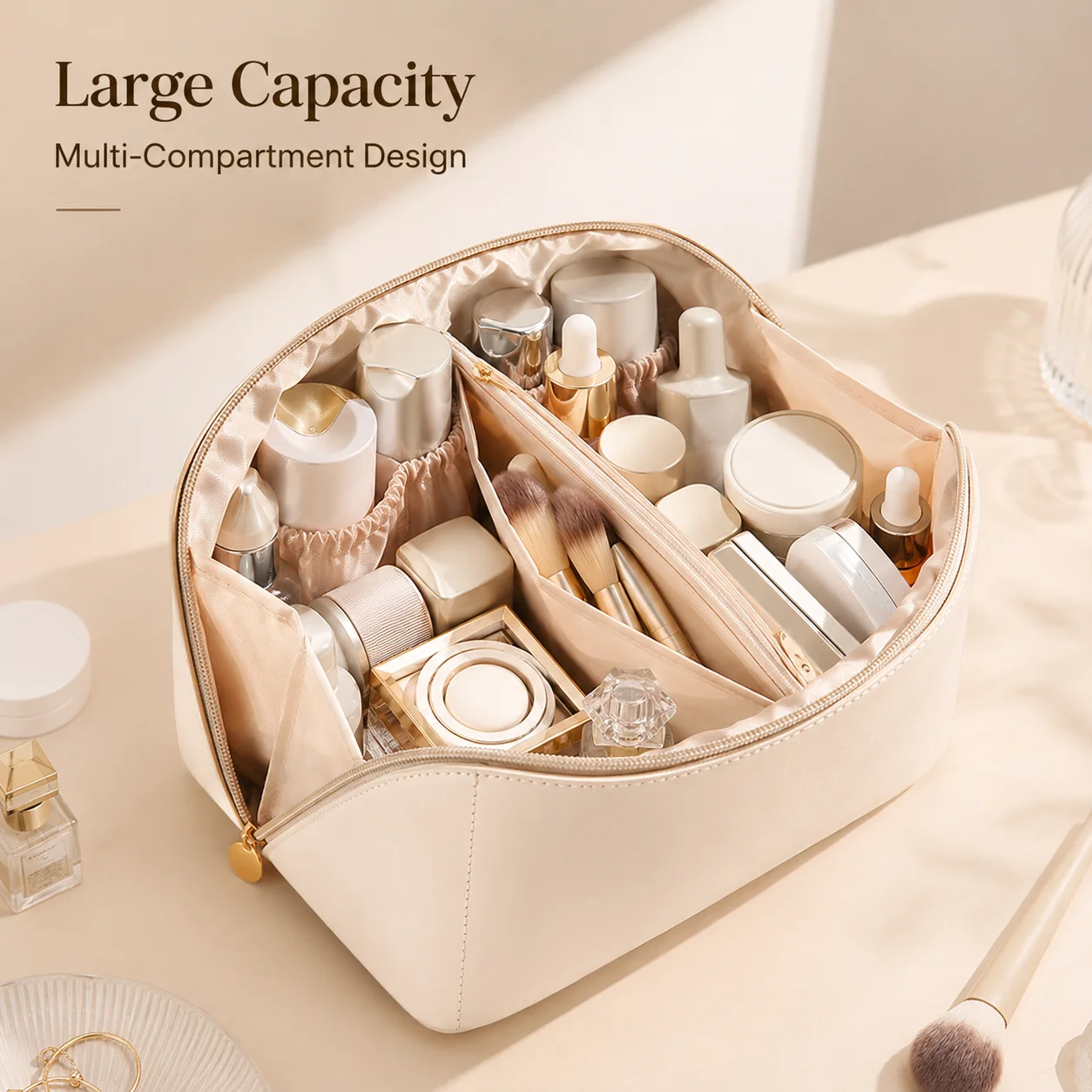 Large Capacity Travel Makeup Bag Portable Cosmetic Organizer with Handle Multi-Compartment Toiletry Storage Case for Women
