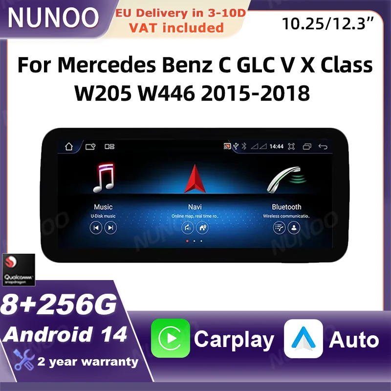 Sistema wireless Qualcomm CarPlay e Android Auto per Mercedes Benz Classe C W205, GLC, Classe V e Classe X W446, modelli 2015-2018, con schermo touchscreen, GPS e sistema intelligente.