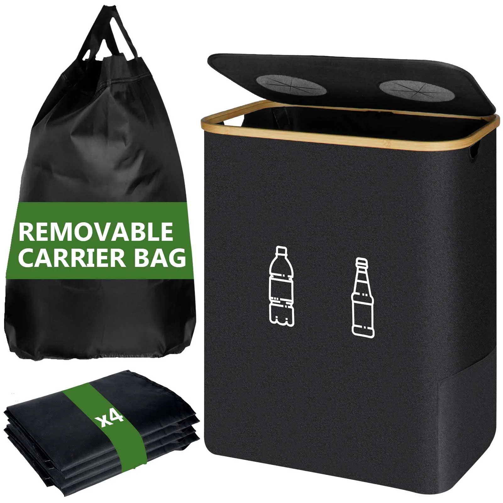 Panier de rangement pliable 160L pour la collecte des bouteilles usagées, avec 4 sacs de transport amovibles, sac fourre-tout pour bouteilles recyclables, sacs de rangement pliables