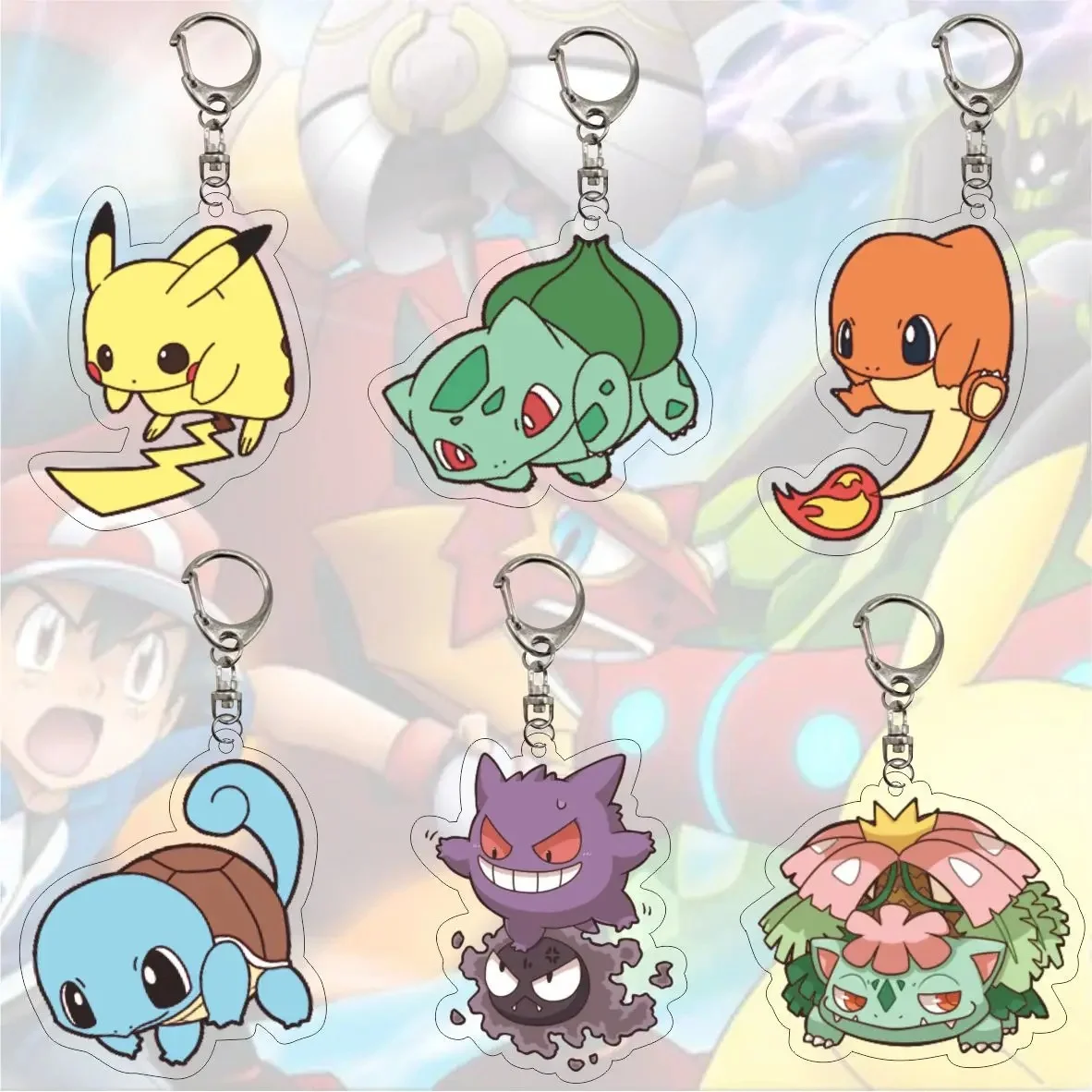 Mignon Pokemon porte-clés Gengar Pikachu Psycanard Charmander Bulbasaur Raichu Blastoise Caterpie acrylique porte-clés pendentifs Figure