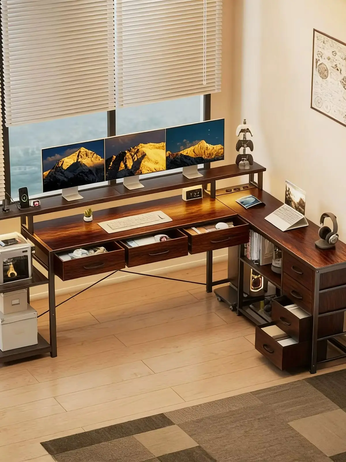 L-förmiger Computertisch, RGB-Beleuchtung, 7 Schubladen, zusammenklappbar, integrierte Stromanschlüsse, ergonomisches Design, moderner Stil, großzügiger Stauraum, 200 x 146 x 91 cm, braun