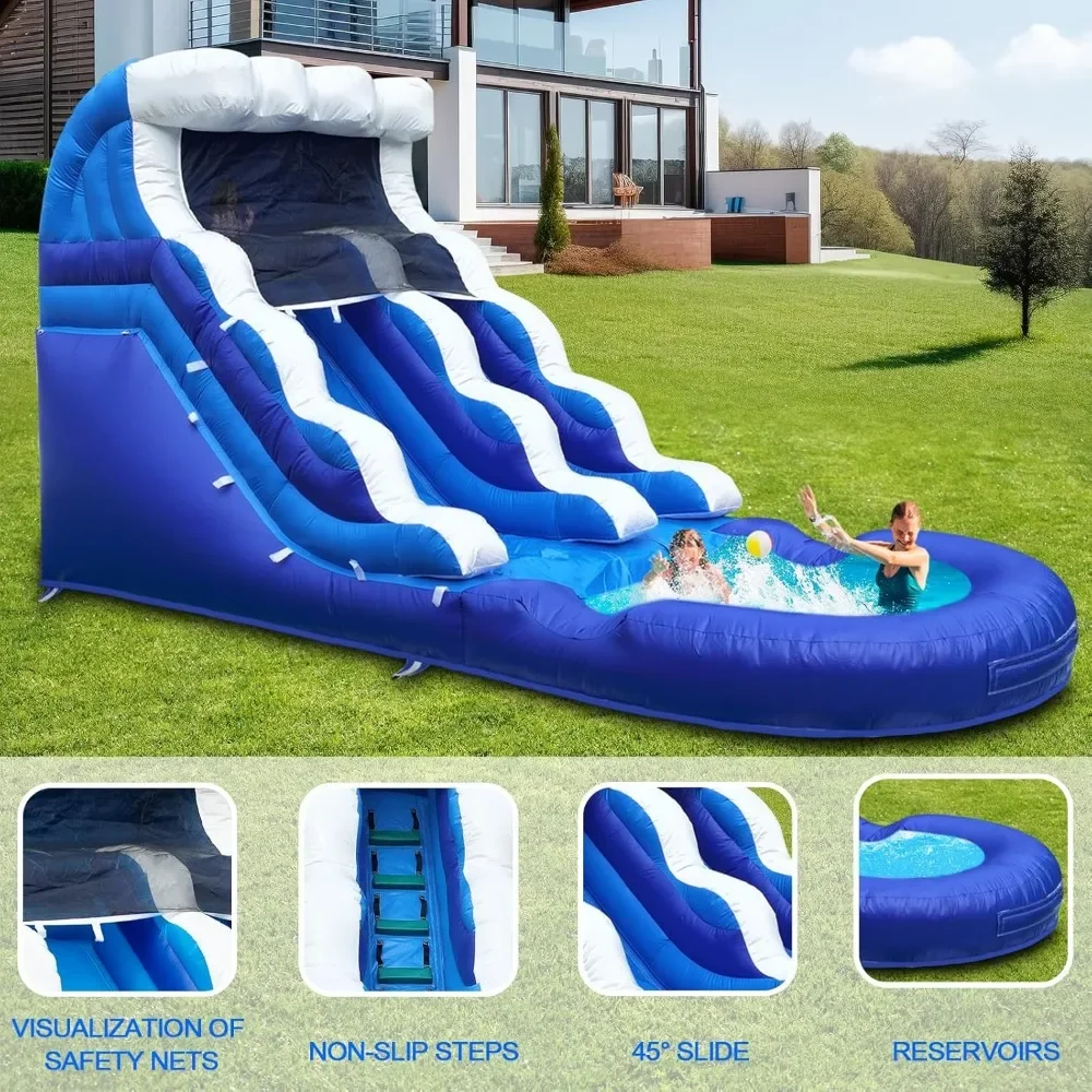 Inflatable Blue Wave Water Slide With Splash Pool  For Kids Adults (with Blower) Backyard Waterslide, Wet Dry Use, Outdoor 21ft