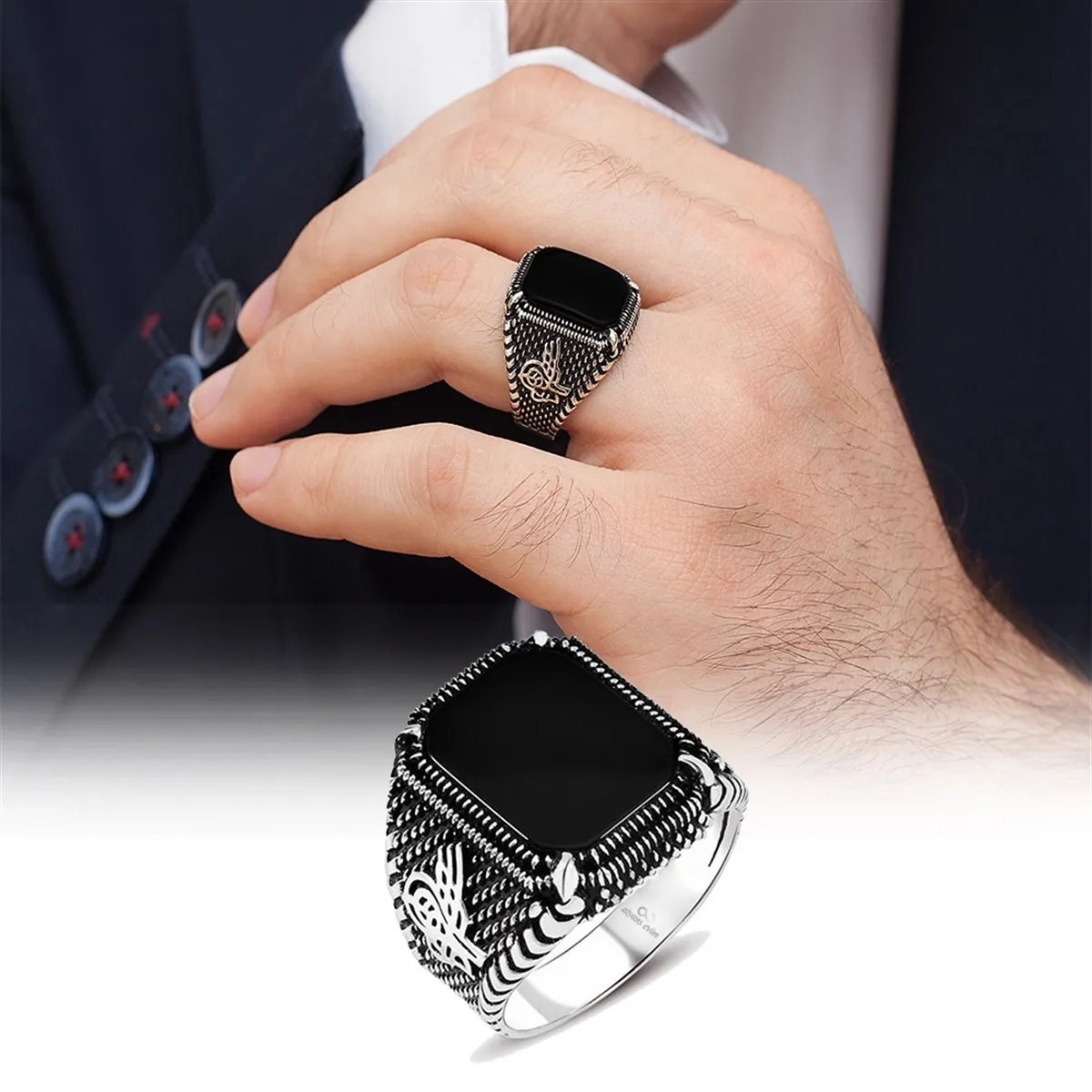 Silver 925  Men's Ring Jewelry - Rings for Men Silver 925 Jewelry Tuğra Patterned Square Onyx Stone Embroidered Ring - 925 Sterling Silver | Silver Ring  | Certified Original 925 Silver Ring - Rings