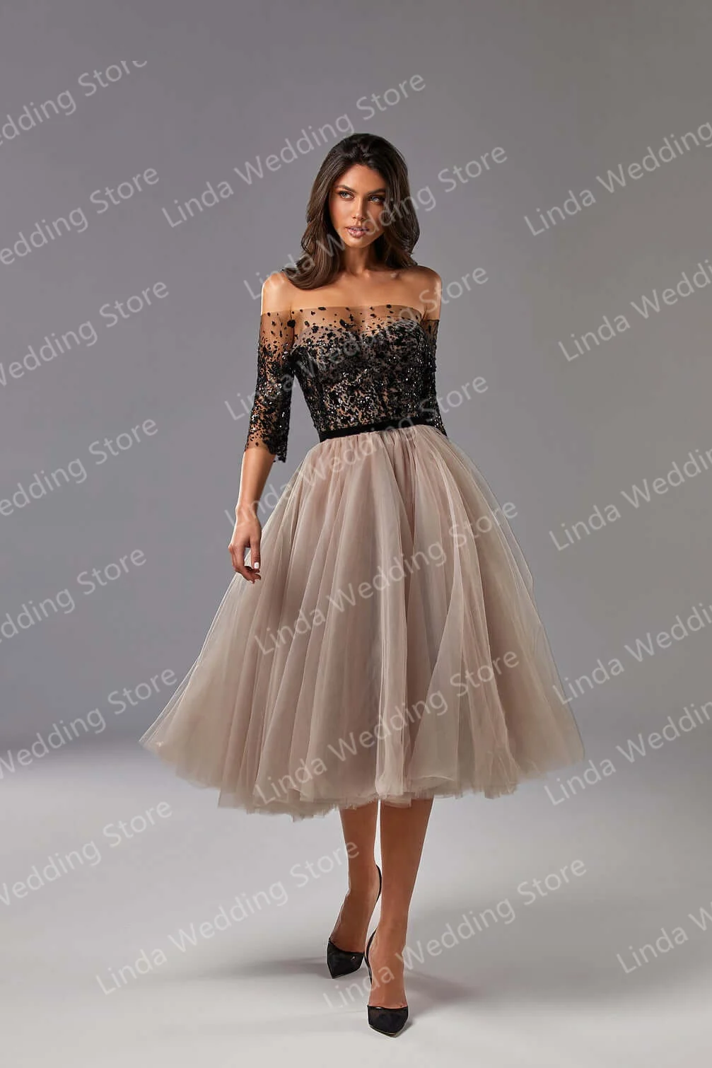 Elegant Beaded Black Prom Dresses Maxi Tulle Knee Length Party Dress Evening Gowns Wedding Guest Dress