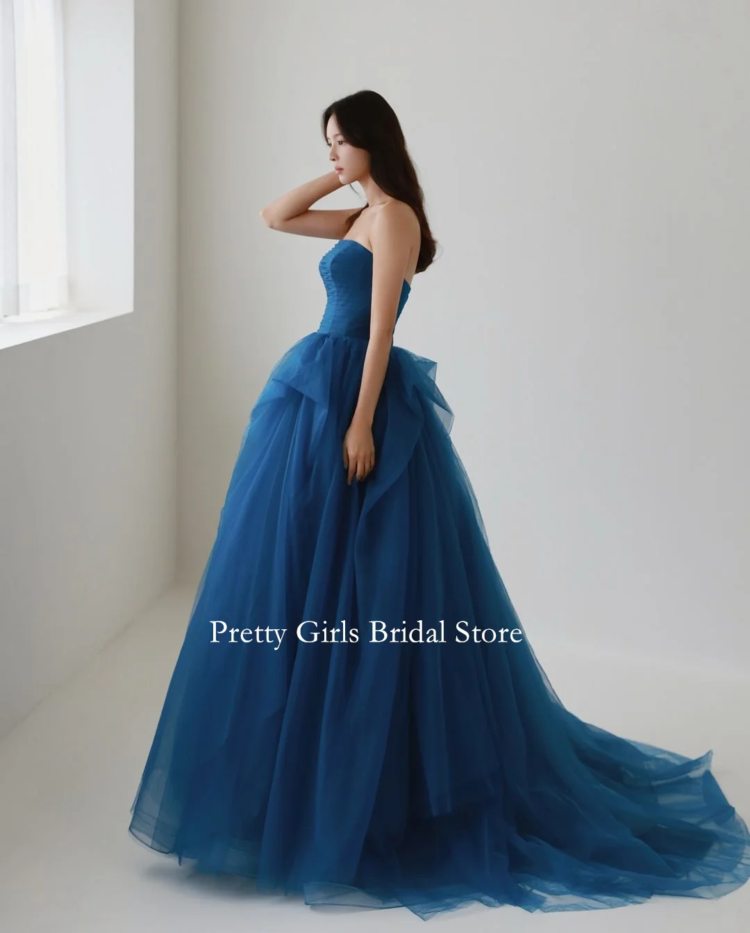 2024 Fashion Style Korean Morden One-Shoulder Evening Dresses Customized Tulle Blue Formal Prom Growns Party Women Bride