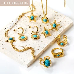 LUXUKISSKIDS Starfish with Turquoise Jewelry Set Earrings Necklace Bracelet Ring Sets Beach Summer Stainless Steel Trendy 2024