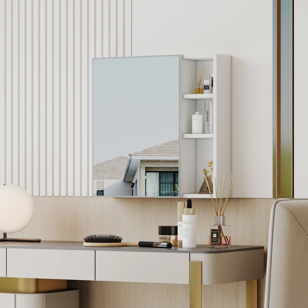 55×56cm wandgemonteerde spiegelkast, veiligheids-HD spiegeldeur opbergorganizer voor badkamer make-upkamer wit