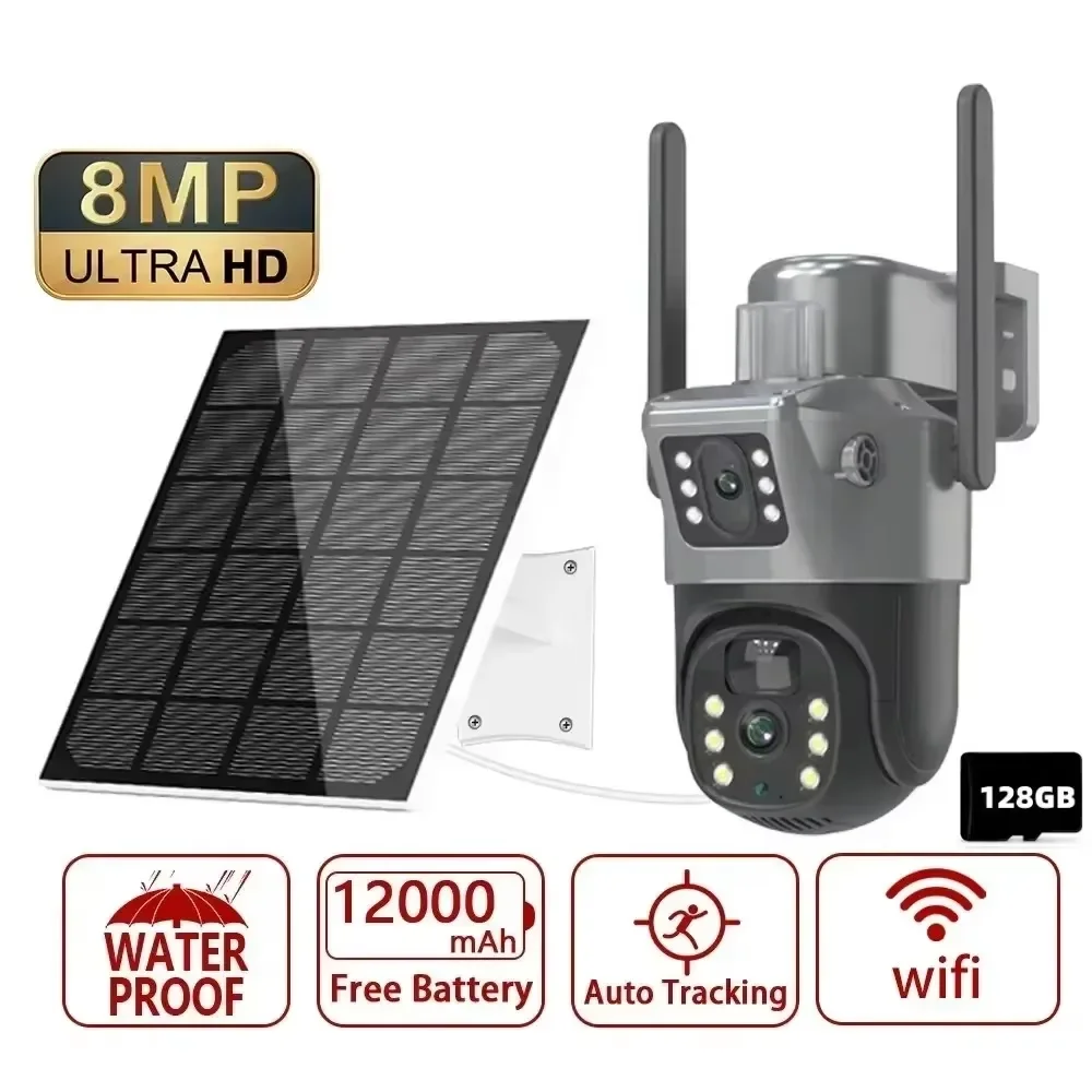 4K 8MP Camera Dual Lens PTZ Solar Camera Dual Screens PIR Human Auto Tracking Outdoor WIFI Security CCTV  Surveillance IP Camera