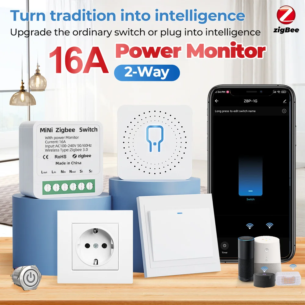 Jinashu Zigbee Switch With Power Monitor 16A Mini Interuptor Inteligentes Wifi tuya smart switch 2 Way Control Smart Relay