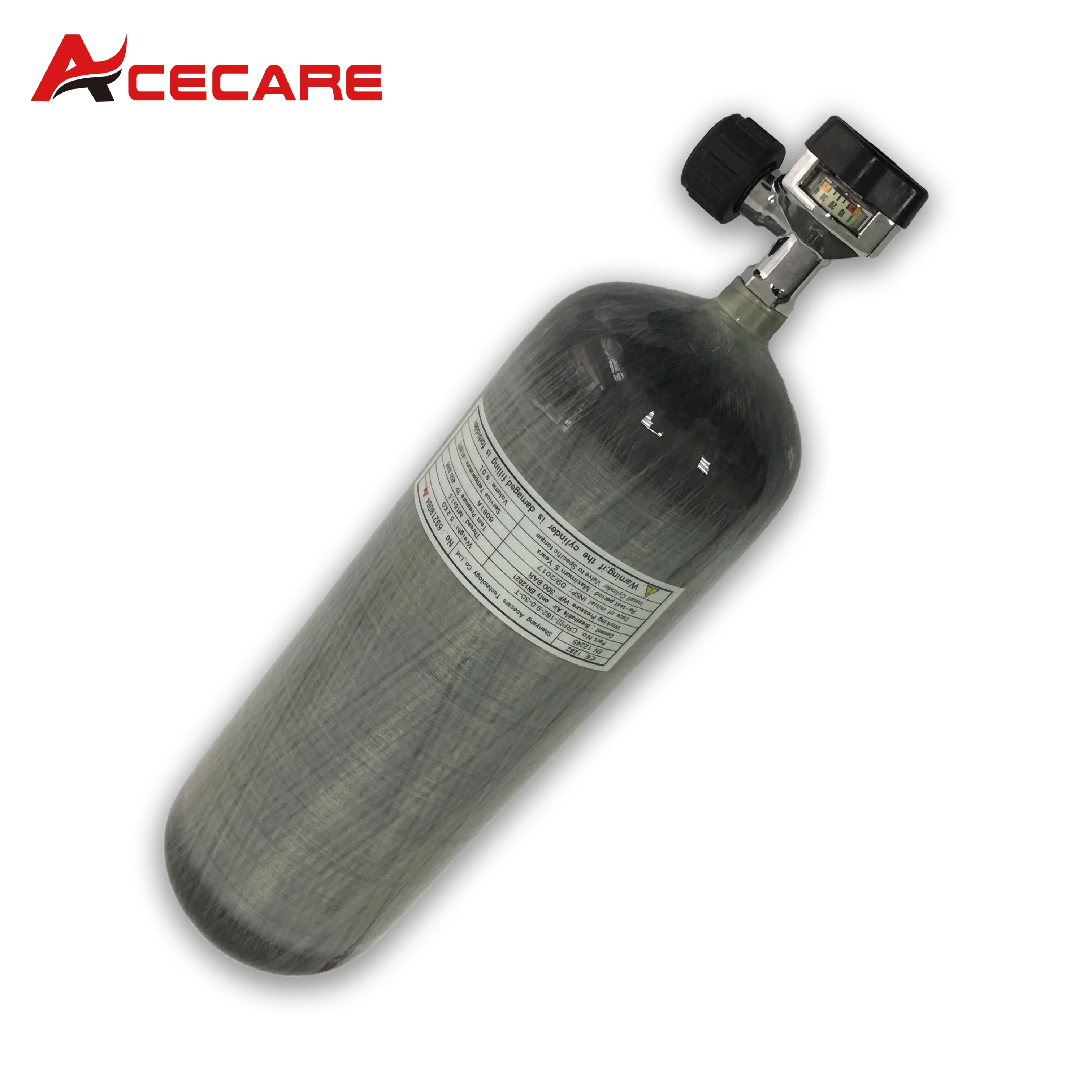 ACECARE 4500Psi 300Bar 30Mpa 9L Carbon Fibre Gas Cylinder M18*1.5 With Large Pressure Gauge Valve