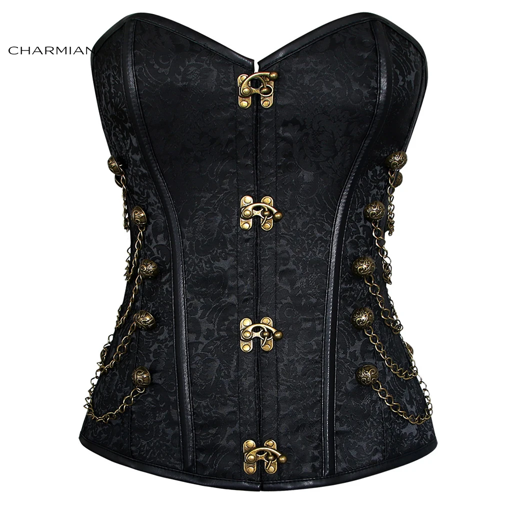 Corsé de cuero Steampunk Charmian para mujer, corsé gótico deshuesado de acero con cadenas, hebilla de brocado, corsé pirata, disfraces de talla grande