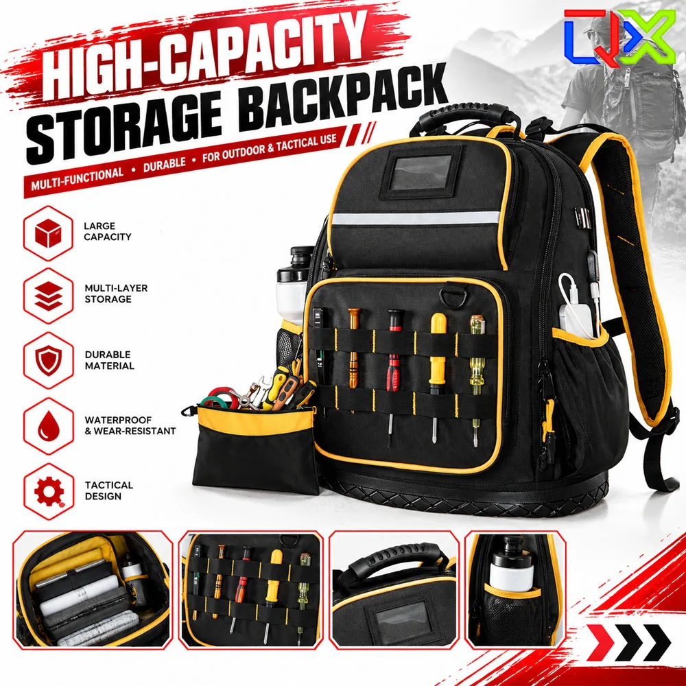 QX Large Capacity Tool Backpack Heavy Duty Electrician Tool Storage Bag Service Repair Organizer Utility Pack Men
