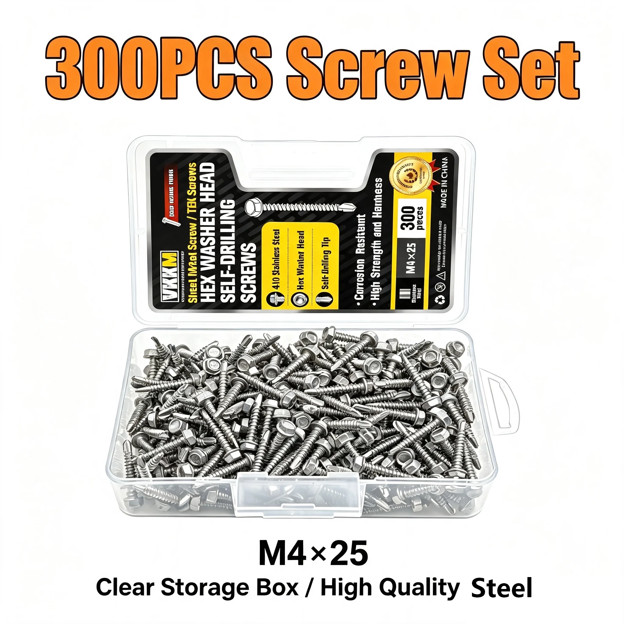 VKKM 300Pcs M4×25 Hex Washer Head Self Drilling Screws, 410 Stainless Steel TEK Sheet Metal Screws, Self-Drilling Tip Anti-Corrosion Fasteners for Aluminum, Roofing, Furniture, Metal Plates