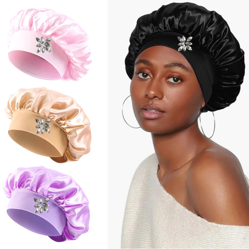 

Новая атласная блестящая имитация стразов с широкими полями, декоративная ночная шапка, шелковая мягкая шапка, обертка для сна и эластичный мягкий пояс, укладка волос, ночная шапка