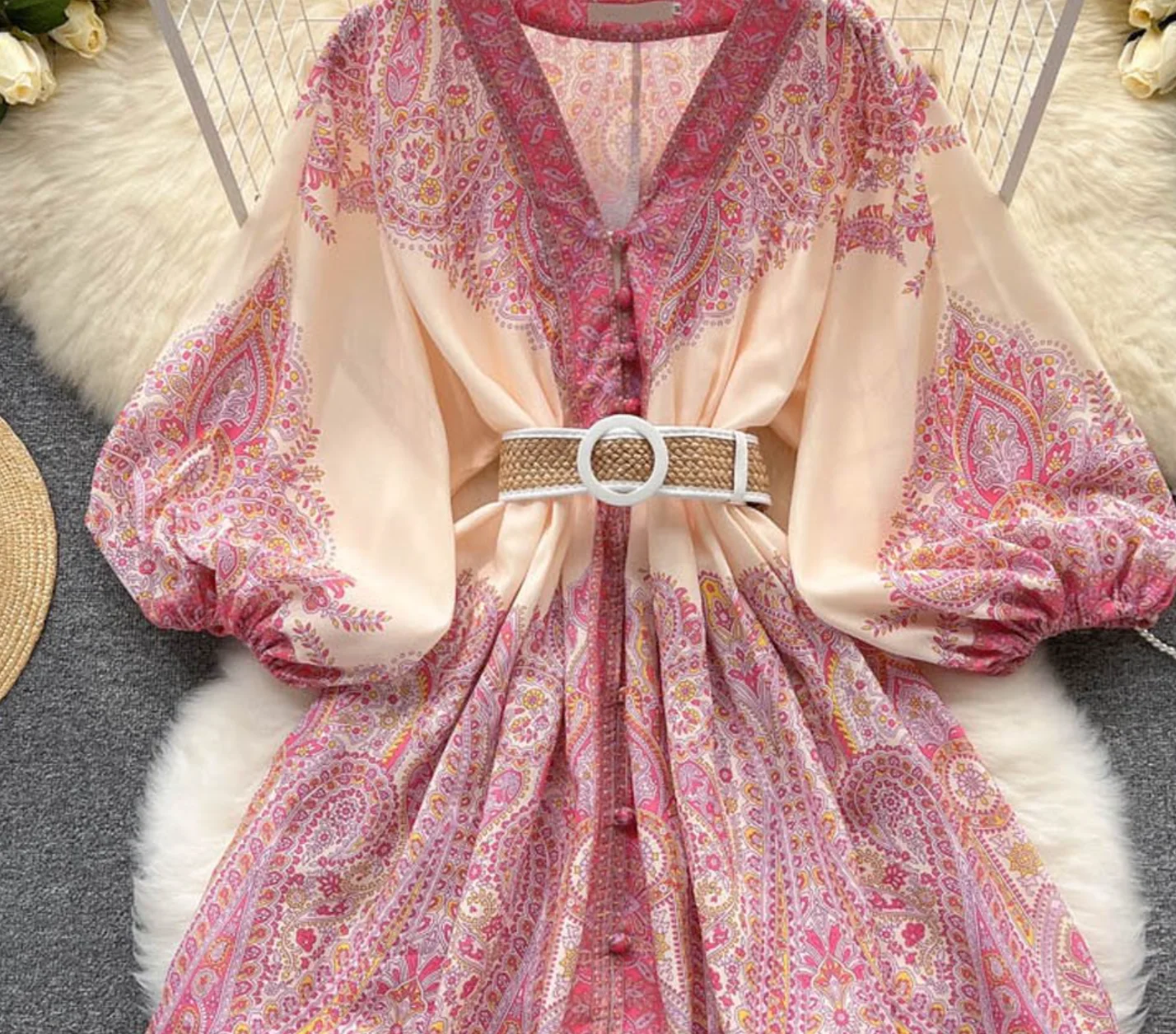 Boho Women's Dress - Vintage V-Neck Ruffled Floral Print Dress with Belt, Lantern Sleeves Button Down Casual Short Summer Dress