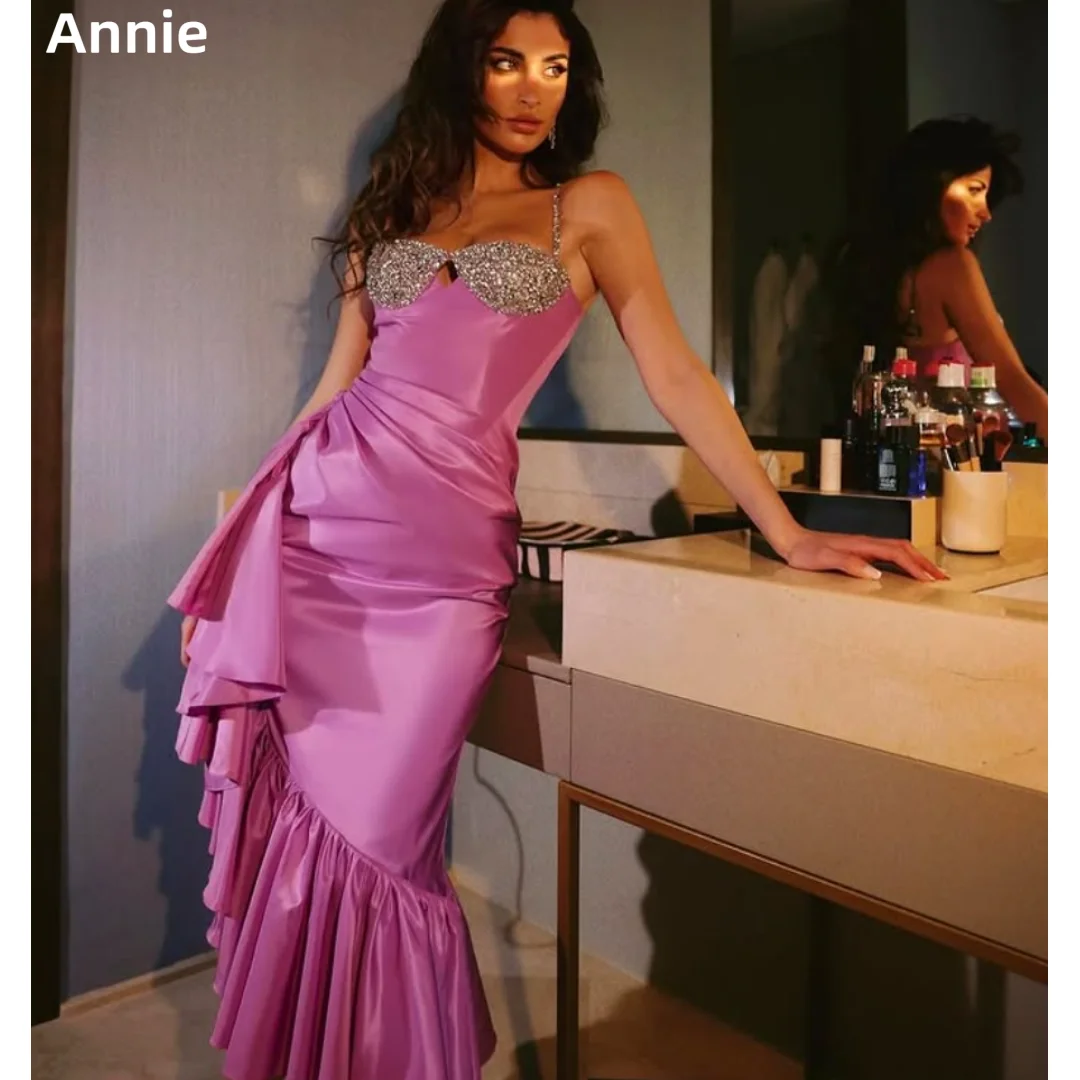 

Annie Sweet Hot Pink Prom Dresses Handmade Beads Evening Dresses Mermaid Ruffle Layering Formal Occasion Ladies Prom Dress