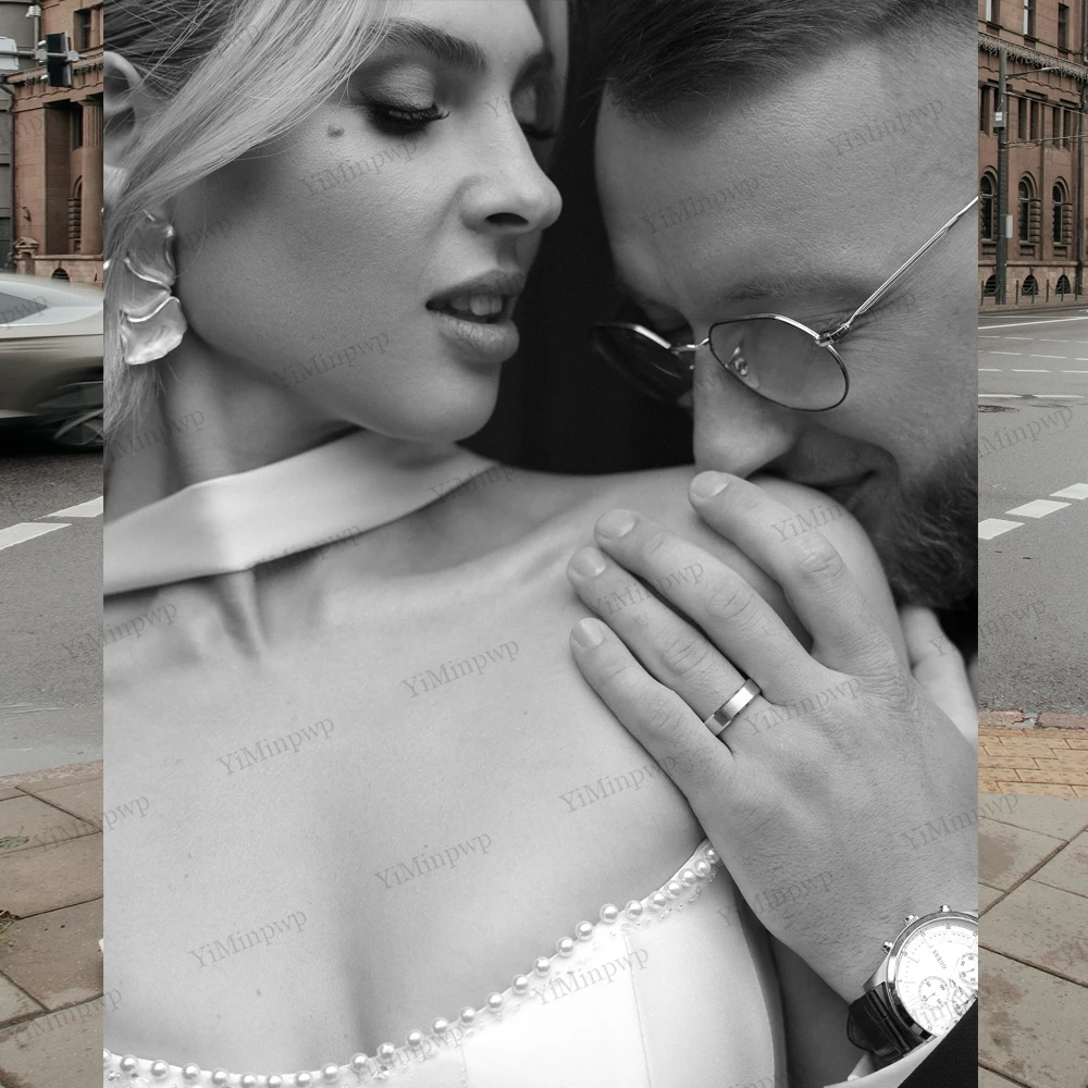 فساتين زفاف أنيقة من الساتان المطرز بدون أكمام بدون حمالات على شكل حرف a بدون أكمام سويب تراين فساتين العروس مع شالات مخصصة #2