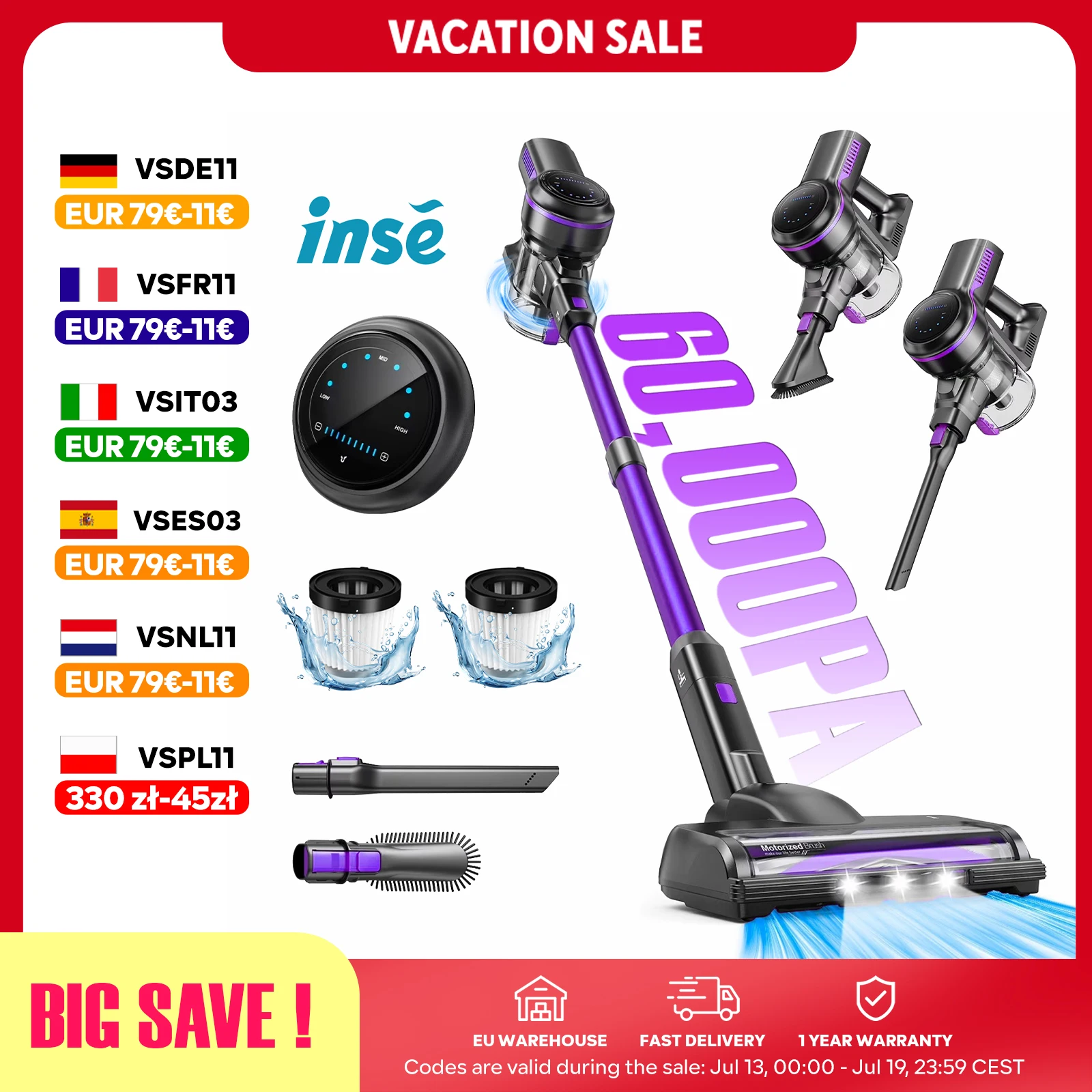 INSE S7P Akku-Staubsauger | 60KPa Starkes Saugen | 1,3 L Behälter | Bis zu 50 Min Laufzeit | Wechselakku & Motorisierte LED-Bürste | Für Alle Böden, Teppiche, Auto & Haare