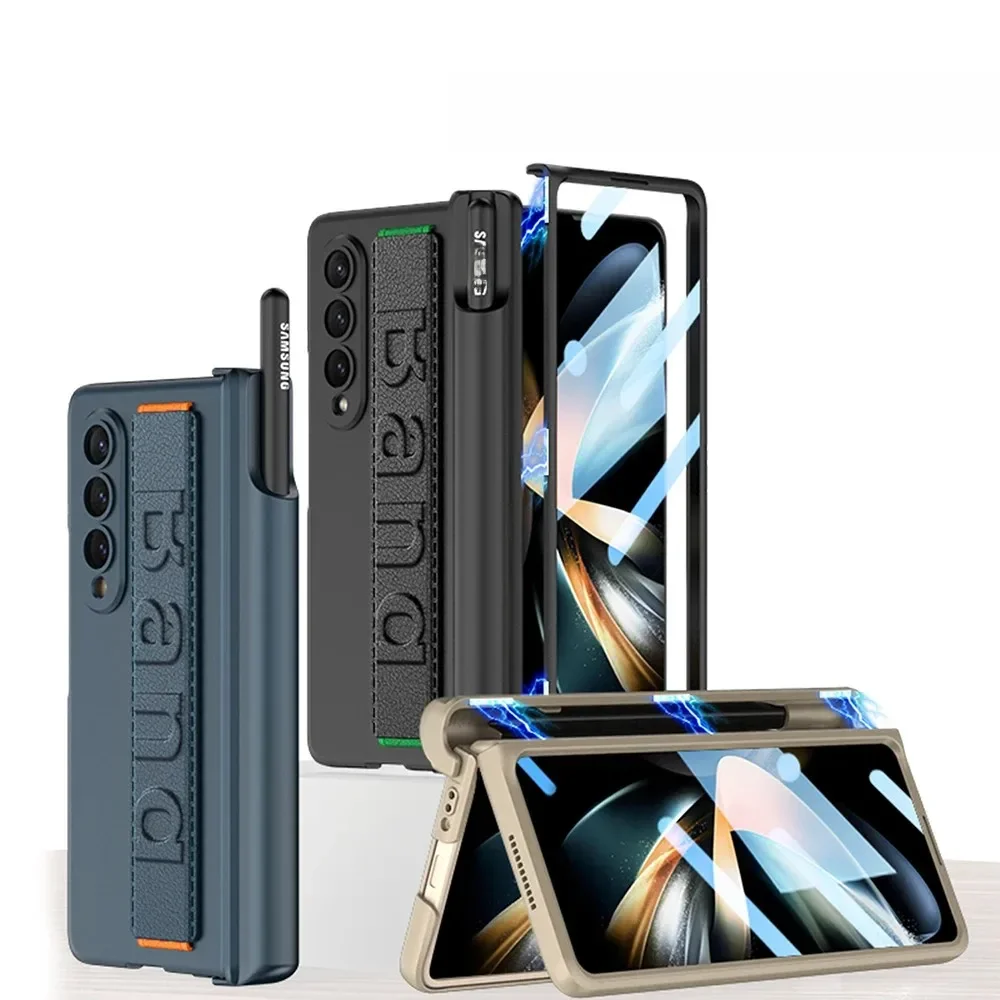 Etui z paskiem na nadgarstek i uchwytem na rysik do Samsung Galaxy Z Fold 7 6 5 4 3, z szklanym szkłem na ekran i przegródką na rysik, twarde etui. — zdjęcie produktu 7