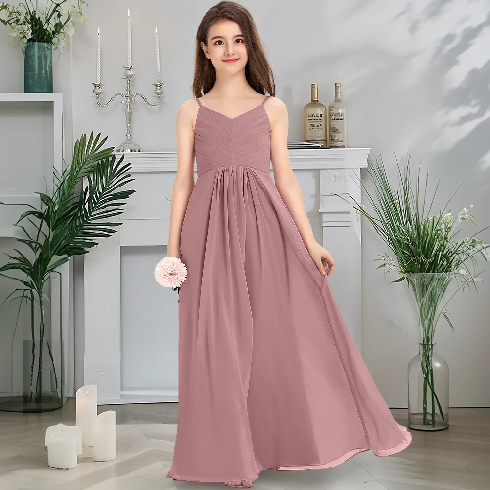 B Румяное трапециевидное платье с V-образным вырезом для подружек невесты Платье с цветочным узором для девочек Шифоновое платье длиной до пола с поясом и бантом для девочек для торжественных случаев