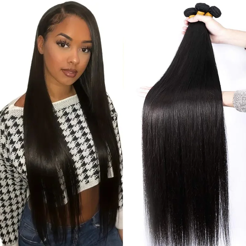 

1/3 Pieces Natural Black Straight Human Hair Bundles Deal Brazilian Remy Hair 28 30 32 Inch 100% Natural Extensions For Women