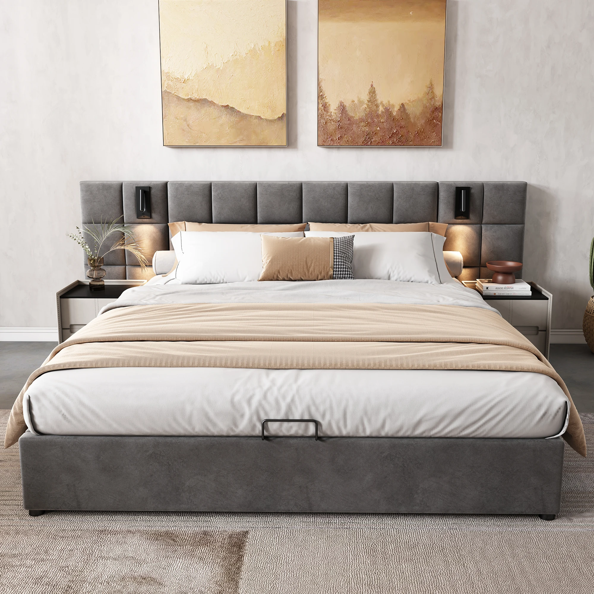 Lit rembourré 160x200 cm avec rangement, système hydraulique, USB, lampe de lecture, velours gris, tête de lit large, structure en acier, sommier à lattes, sans matelas