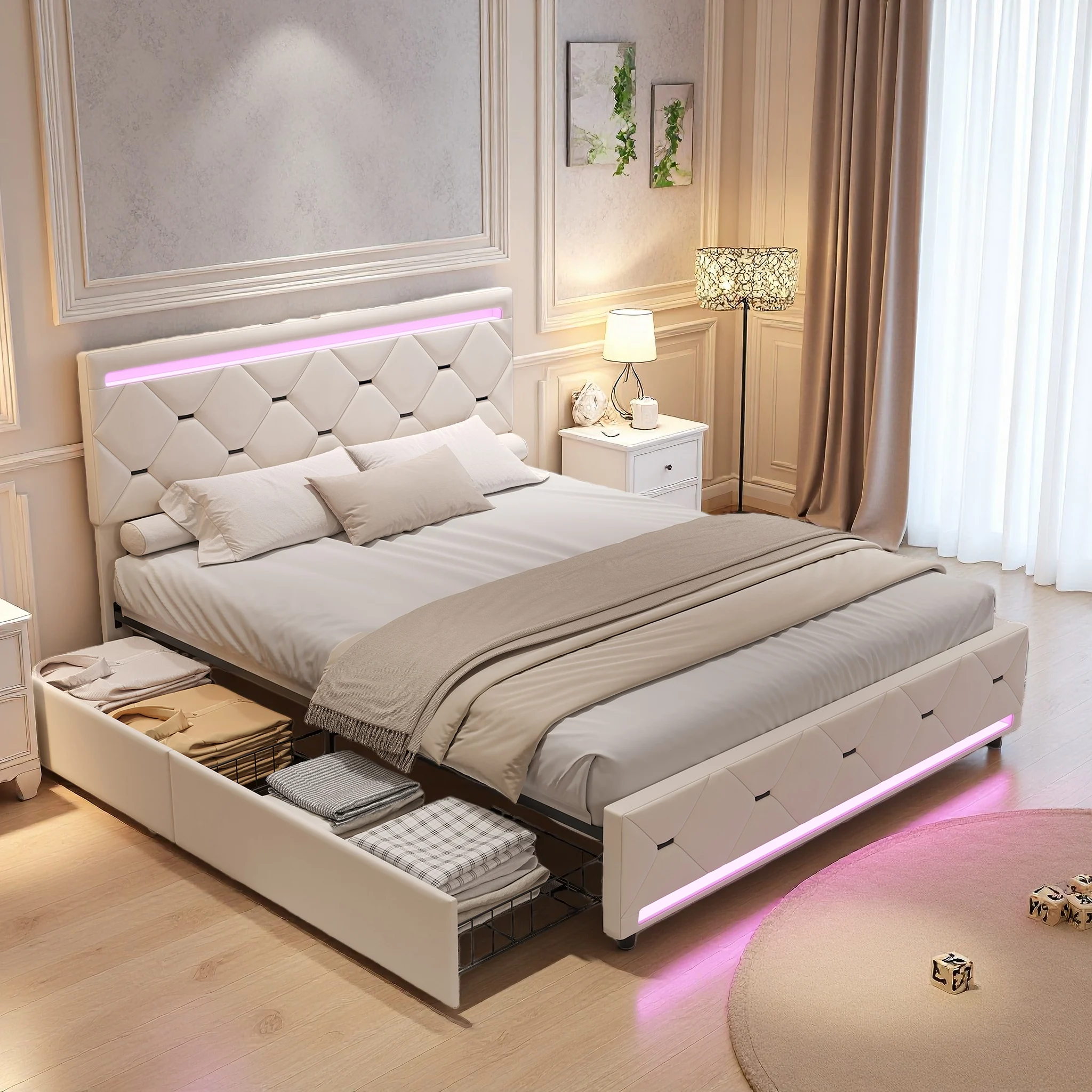 Superaly, Lit Double 140 X 190 Cm, Lit À Tiroirs, Lit Rembourré Avec Éclairage Led Et Quatre Tiroirs, Bandes Lumineuses À La Tête Et Au Pied Du Lit, Port De Recharge Usb Sur La Tête De Lit, Blanc Cassé, Velours, Matela