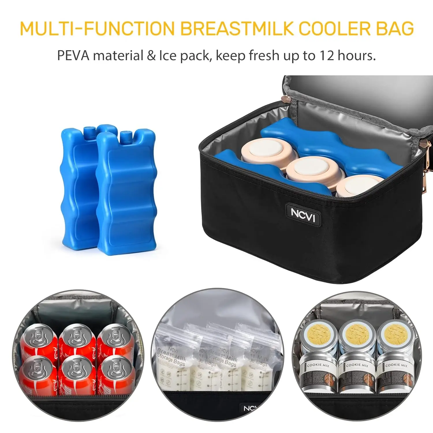 NCVI Breastmilk Cooler Bag with Ice Pack，Black Multifunction Nursing Travel Bag，Insulated Lunch Bag, Baby Bottle Bag Fits 6 Bot