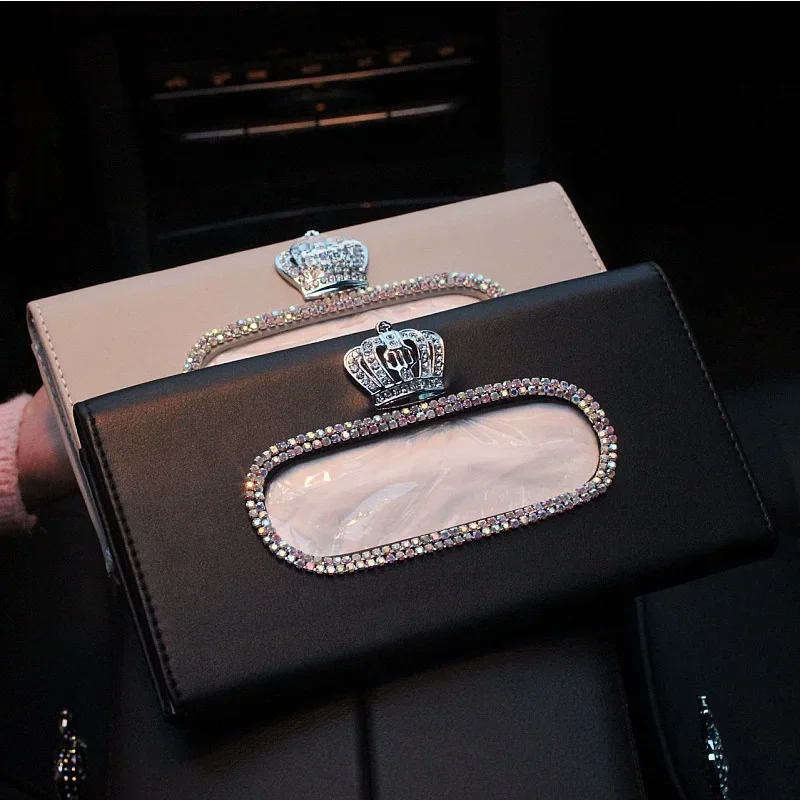 Fashion Crown Crystal Car Tissue Box Sun Visor Leather Auto Tissue Bag Sunvisor Hanging Holder Case Napkin For Car Accessories — zdjęcie 2