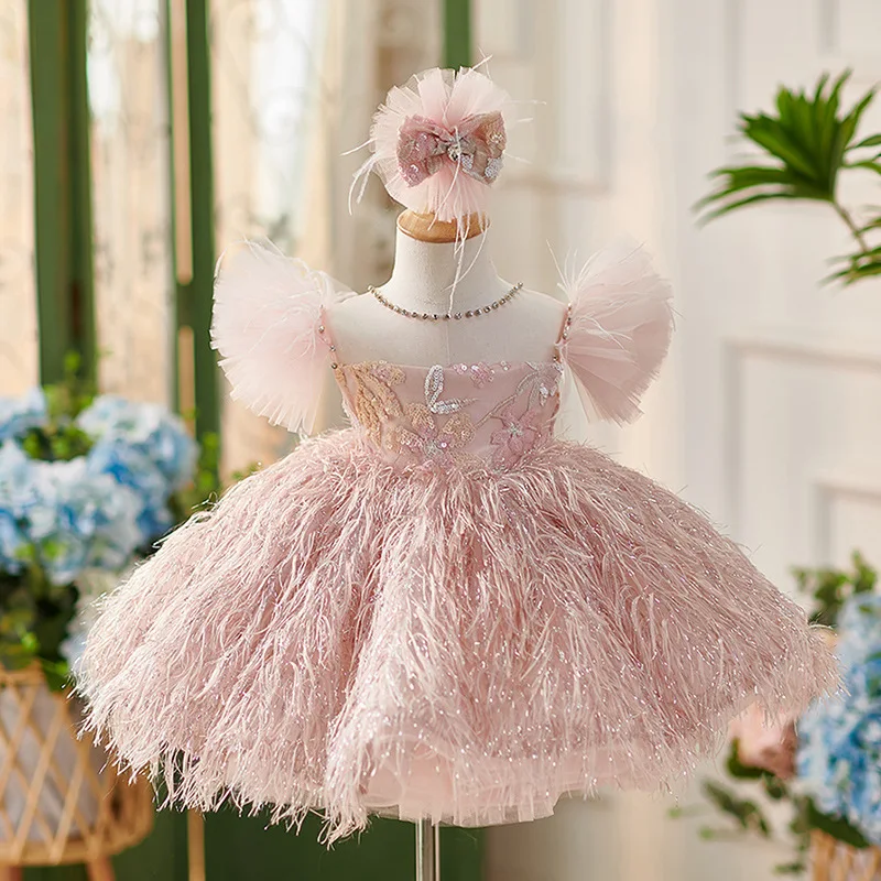 Elegant Puffy Girls Princess Dress Feather luxurious Girl Ball Dresses Children Layer Lush Birthday Wedding Evening Dress 1y-14y