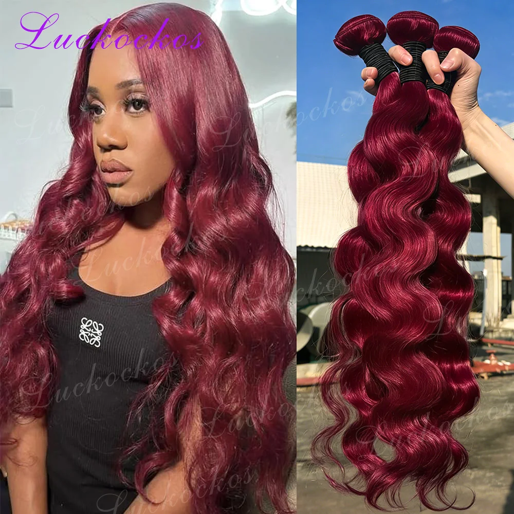 

Наборы волос LUCKOKOS 14A Grade Burgundy 99J Body Wave: бразильские натуральные красные волосы для наращивания, 3/4 шт., толстые пряди Реми