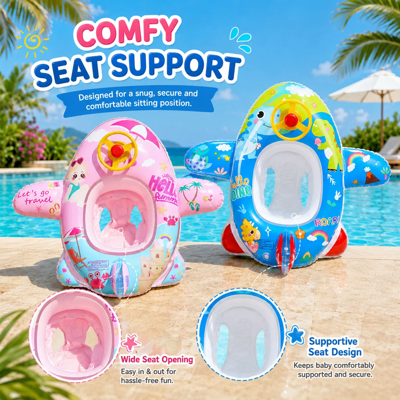 1PC Inflatable Airplane Ride On Pool Float Seat Steering Wheel Swimming Ring Durable PVC Summer Floating Pool Party