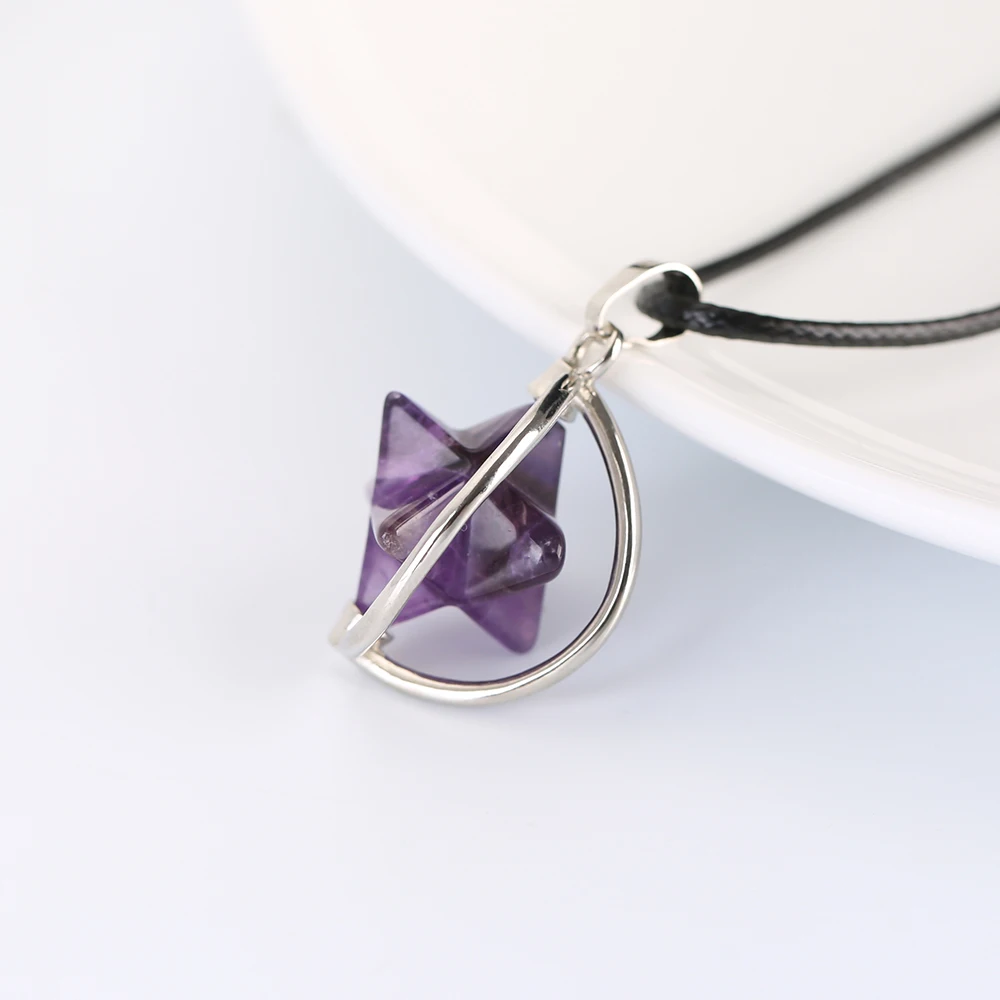 Net Red Popular Unisex Stainless Steel Inlaid With Turning Amethyst Octagonal Star Pendant Necklace