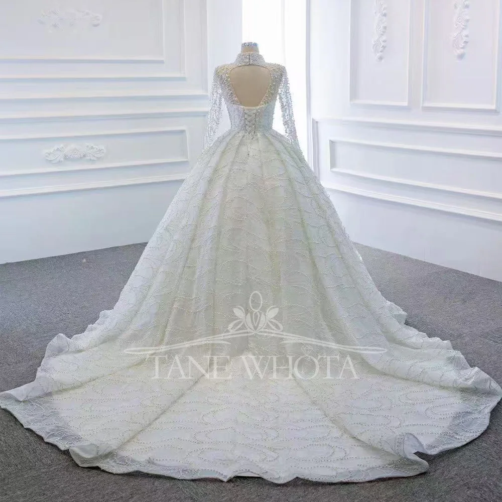 Vestido de novia de perlas, cuello alto, manga larga, vestido de fiesta blanco marfil de lujo, vestidos de novia