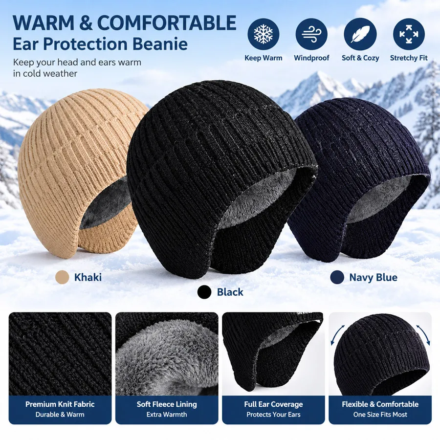 Daily Casual Winter Men Beanie Hat, Fleece Lined Ear Flap Extra Warm for Middle Aged Elderly Men