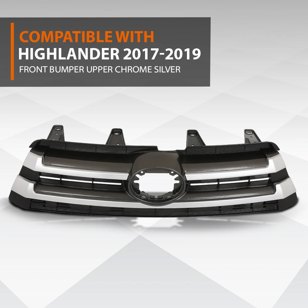 

Front Bumper Upper Grille Chrome Silver Fit for 2017 2018 2019 Toyota Highlander 531010E230 Durable Waterproof Snowproof
