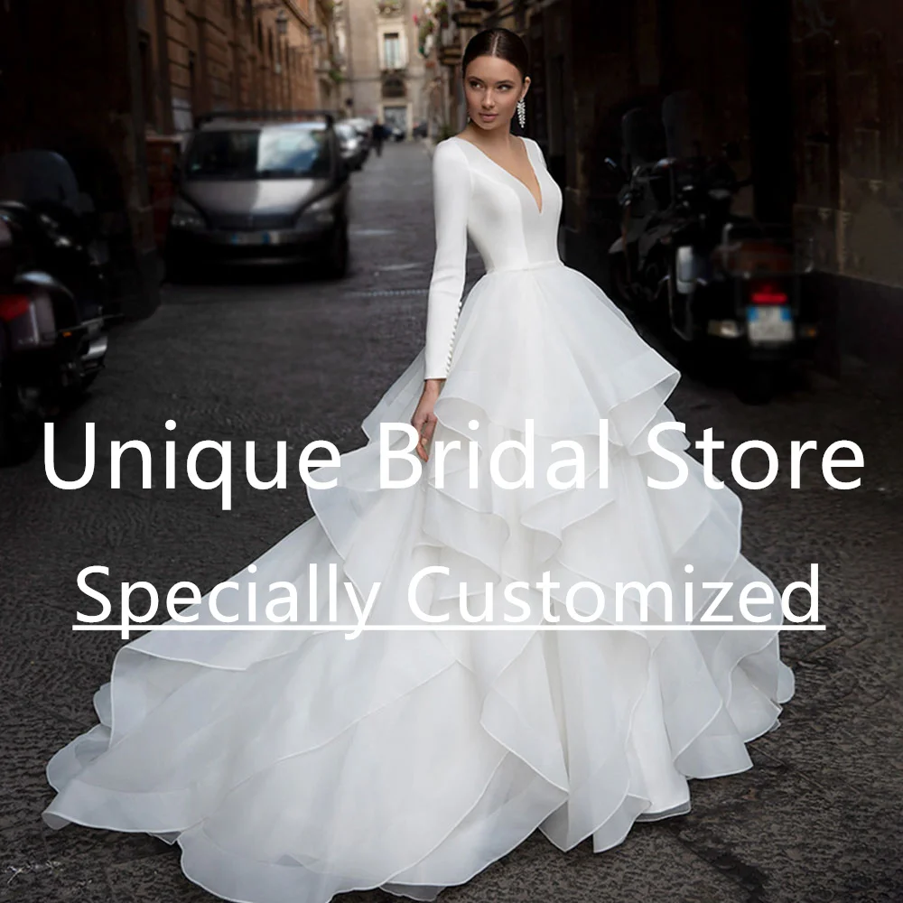 Classic A-Line Wedding Dress V-Neck Long Sleeves Tulle Covered Button Court Train Ruffle Women Bridal Dresses Bride Gown