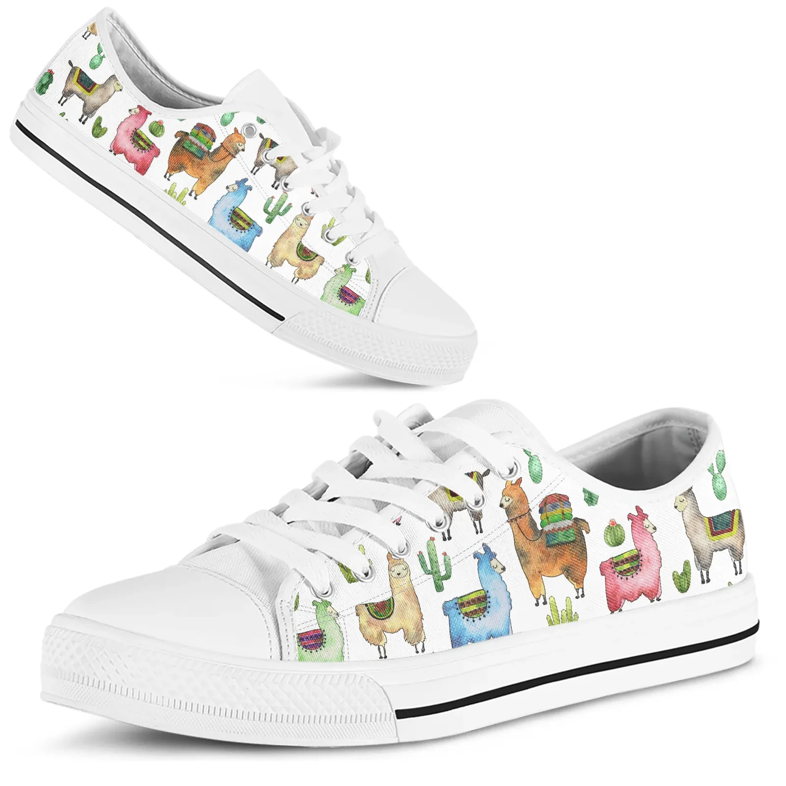 White Alpaca Printed Shoes Cute Cartoon Alpaca Design Cactus Printed Sneakers Outdoor Travel Non-slip Durable Round Toe Footwear