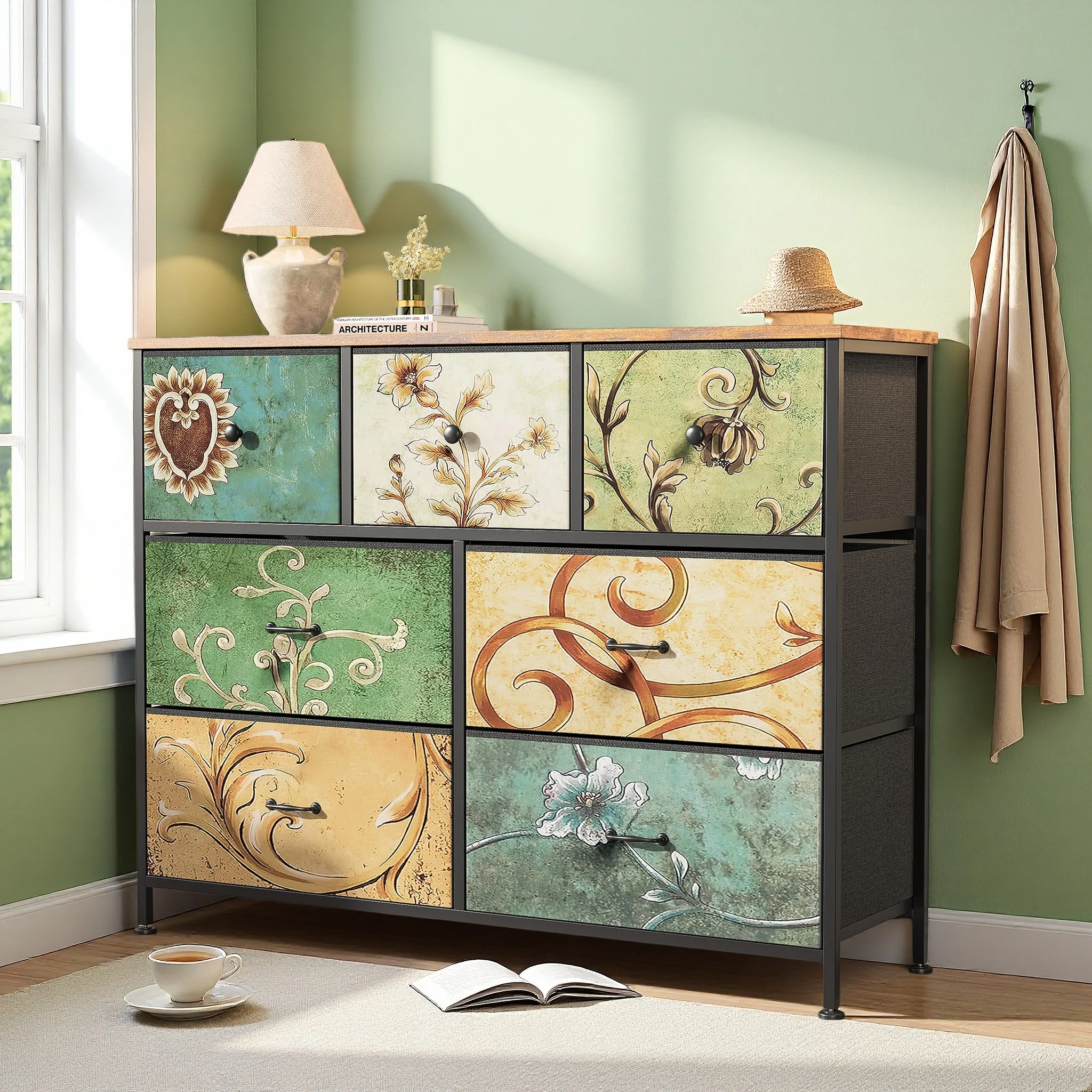 Comanlai Commode à 7 tiroirs, commode vintage avec poignée noire, structure en métal et plateau en bois, armoire de rangement, tour de rangement en tissu pour salon, chambre, couloir, entrée