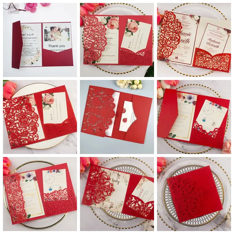 

25 красных тройных карманных папок-конвертов, свадебные приглашения с лазерной резкой и картами rsvp и конвертами, карманные свадебные приглашения