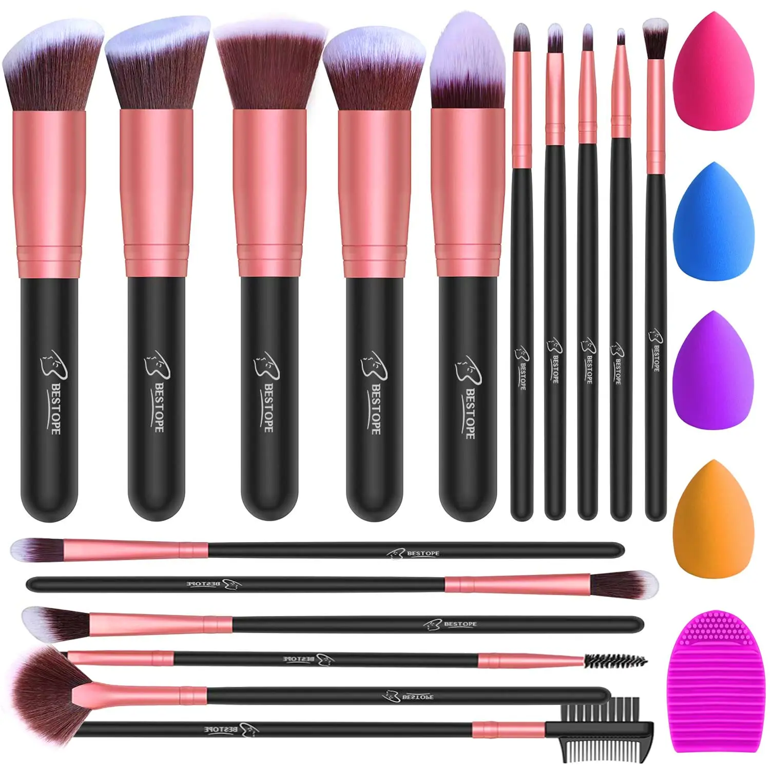 BESTOPE PRO 16Pcs Makeup Brushes Set, 4Pcs Beauty Blender Sponge Set and 1 Brush Cleaner, Premium Synthetic Foundation Brushes