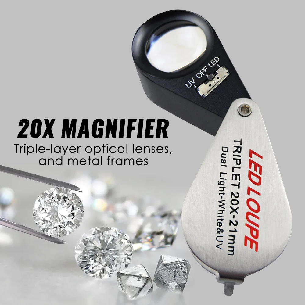 Professional 20X LED & UV Triplet Loupe 21mm Achromatic Lens for Gemology & Jewelry 6 LED Light Pocket-size Loupe